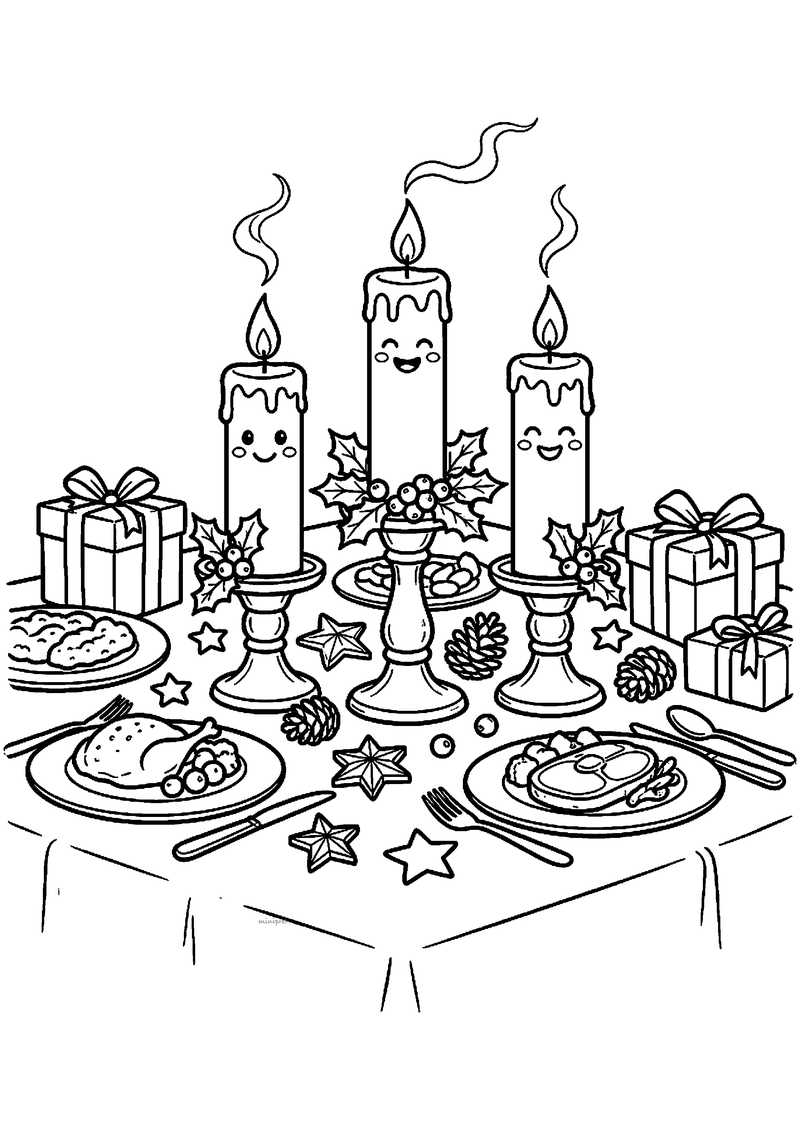 Kleurplaat van drie kawaii kaarsen in kandelaars op kerstdinertafel met kalkoen, borden en cadeaus rondom