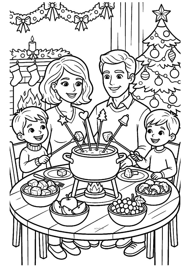 Kleurplaat van gezin van vier aan ronde tafel met dampende fonduepan en schaaltjes voor versierde kerstboom