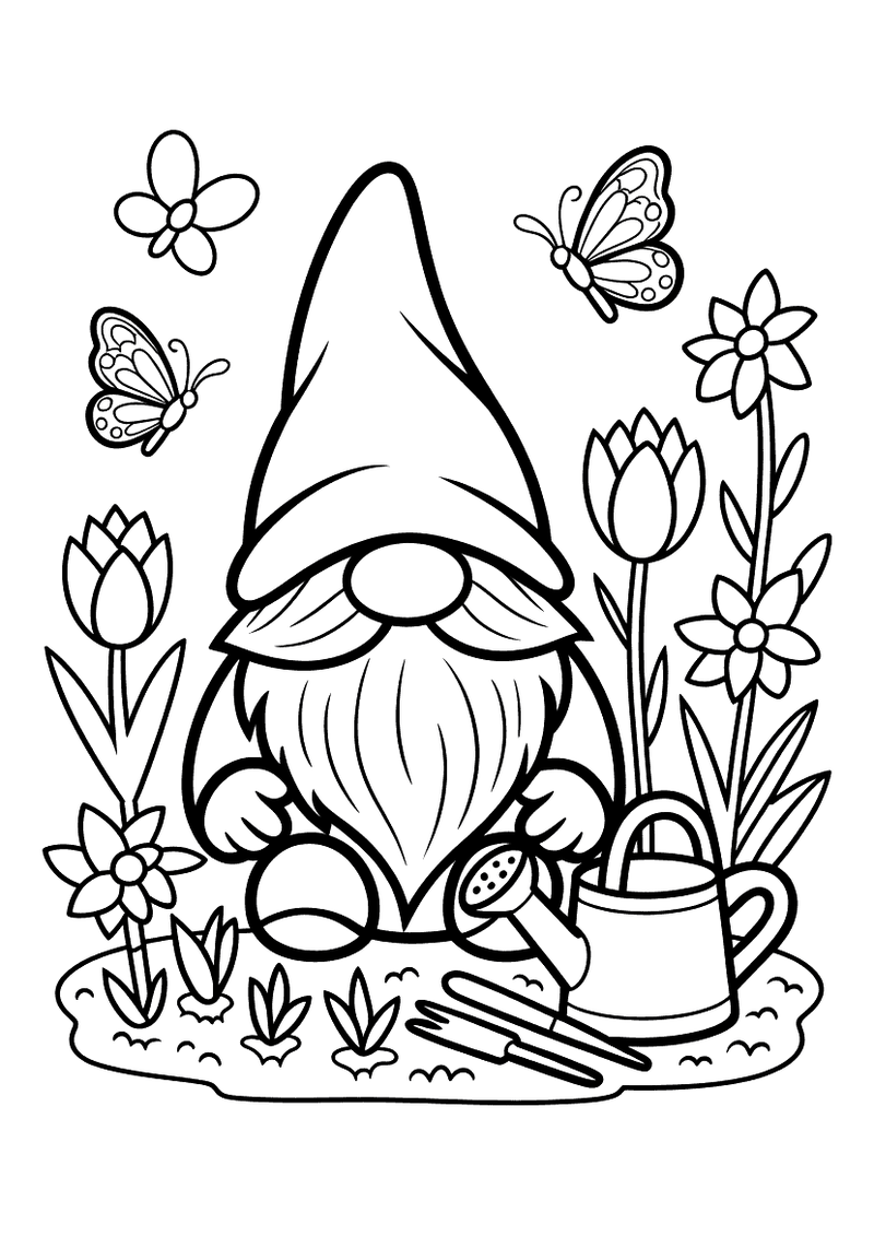 Kleurplaat van een kabouter met lange baard en punthoed die in een lentetuin zit met tulpen, een gieter en vlinders