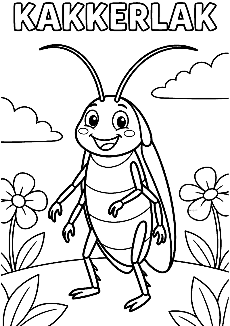 Kleurplaat van een lachende cartoon kakkerlak met lange voelsprieten tussen bloemen, met KAKKERLAK erboven