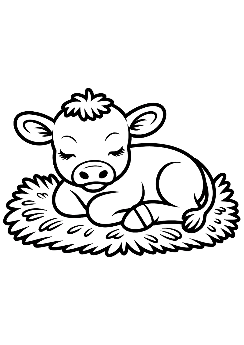 Kleurplaat van een slapend baby-kalfje dat knus in het stro ligt met gesloten ogen