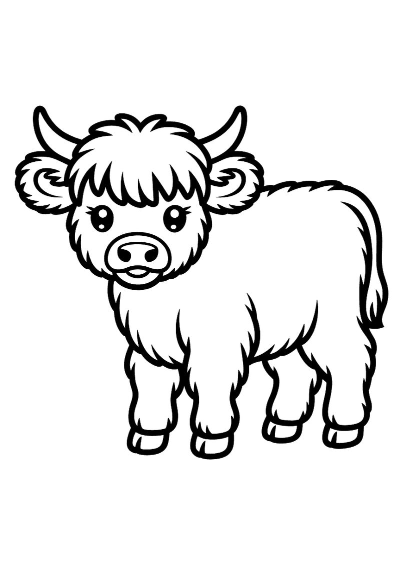 Kleurplaat van een jong hoogland-kalfje met kleine hoorns en een lange ruige vacht in het berglandschap