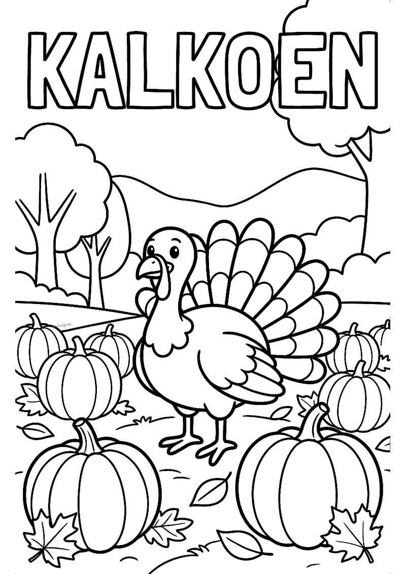 Kleurplaat van een kalkoen met een waaier van staartveren op een veld vol pompoenen, met KALKOEN erboven