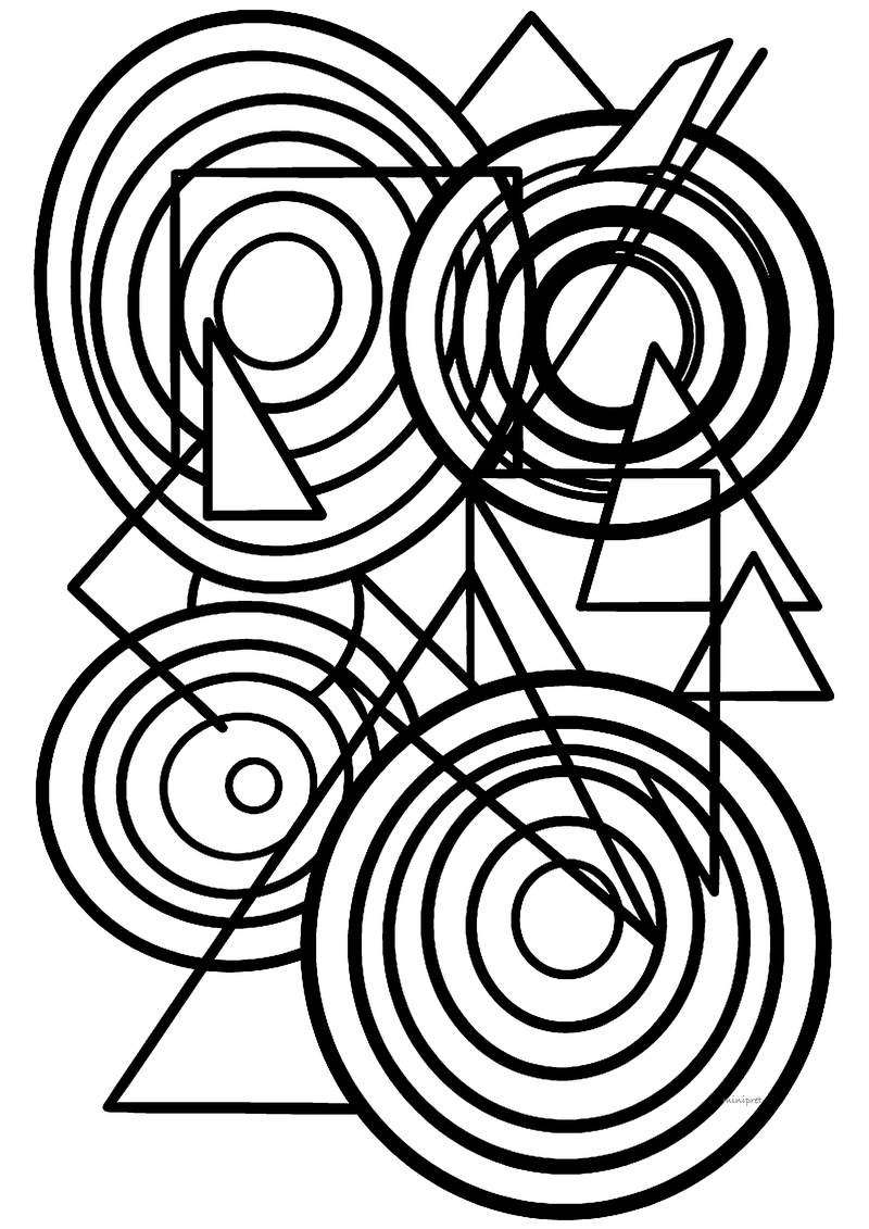 Kleurplaat in de stijl van Kandinsky met concentrische cirkels, driehoeken en rechthoeken die elkaar overlappen