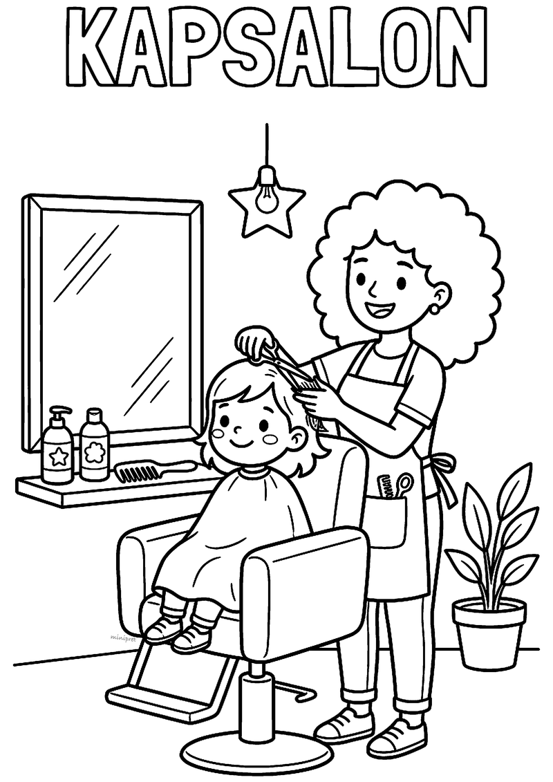 Kleurplaat van een kapsalon met een kapster die een meisje in een kapmantel knipt, met spiegel, flesjes en plant