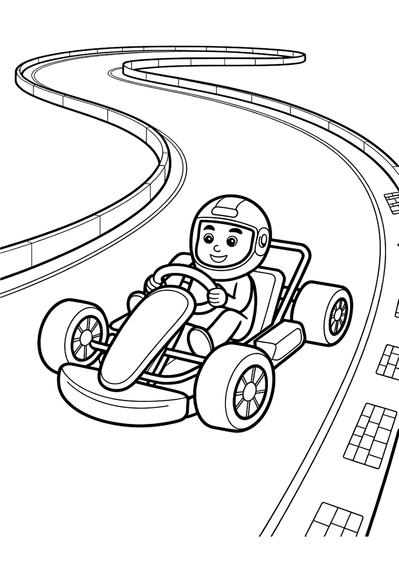 Kleurplaat van een jonge kartrijder met helm die in een lage racekart een scherpe bocht neemt op een asfaltbaan