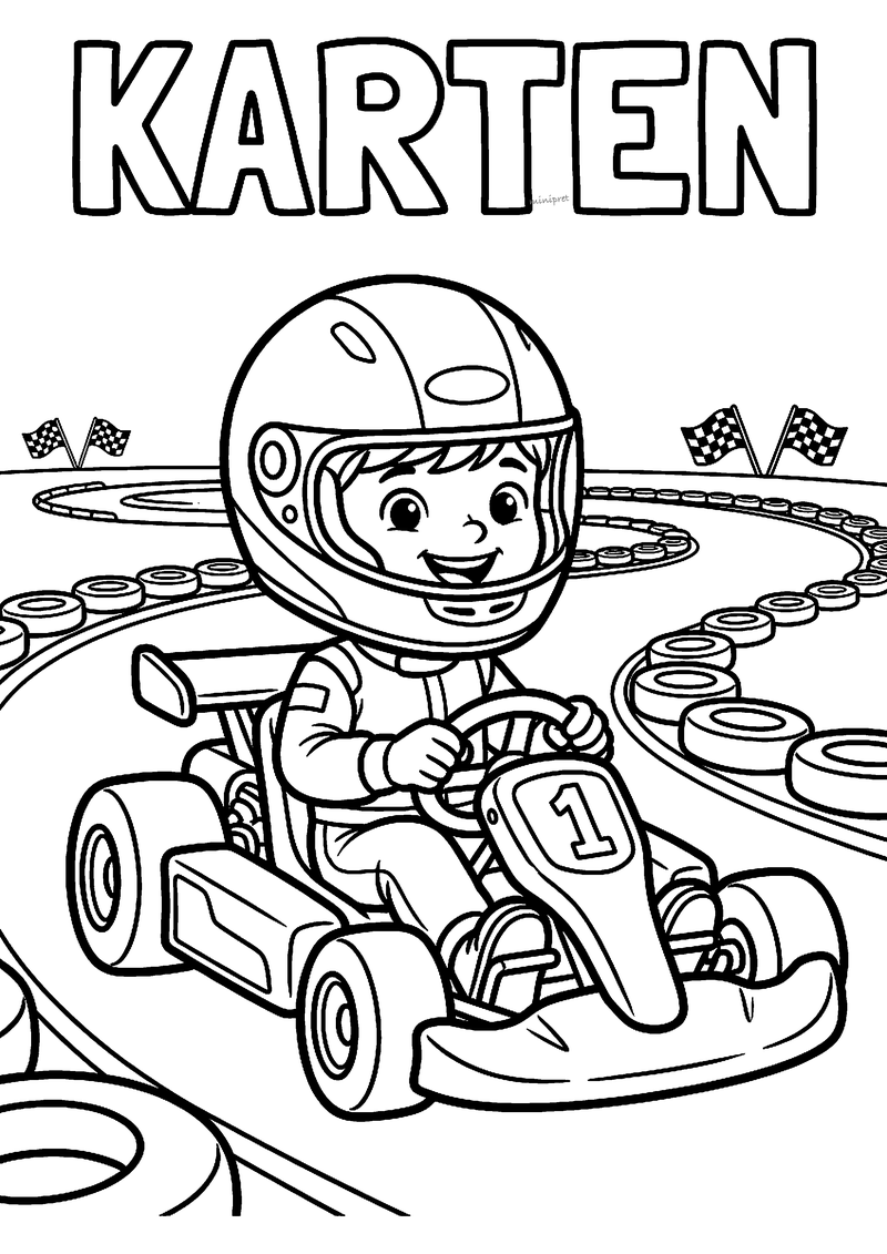 Kleurplaat van een jongen met helm in een kart met nummer 1 op een circuit met bandenstapels, met de tekst Karten