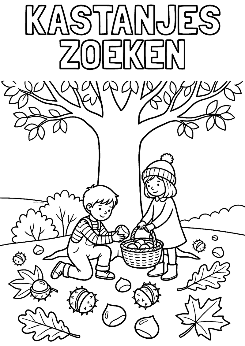Kleurplaat van een jongen en meisje die onder een boom kastanjes rapen in een mandje, tussen bolsters en bladeren