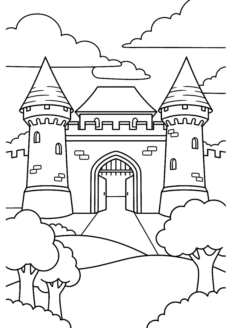 Kasteel met poort kleurplaat — gratis kleurplaat
