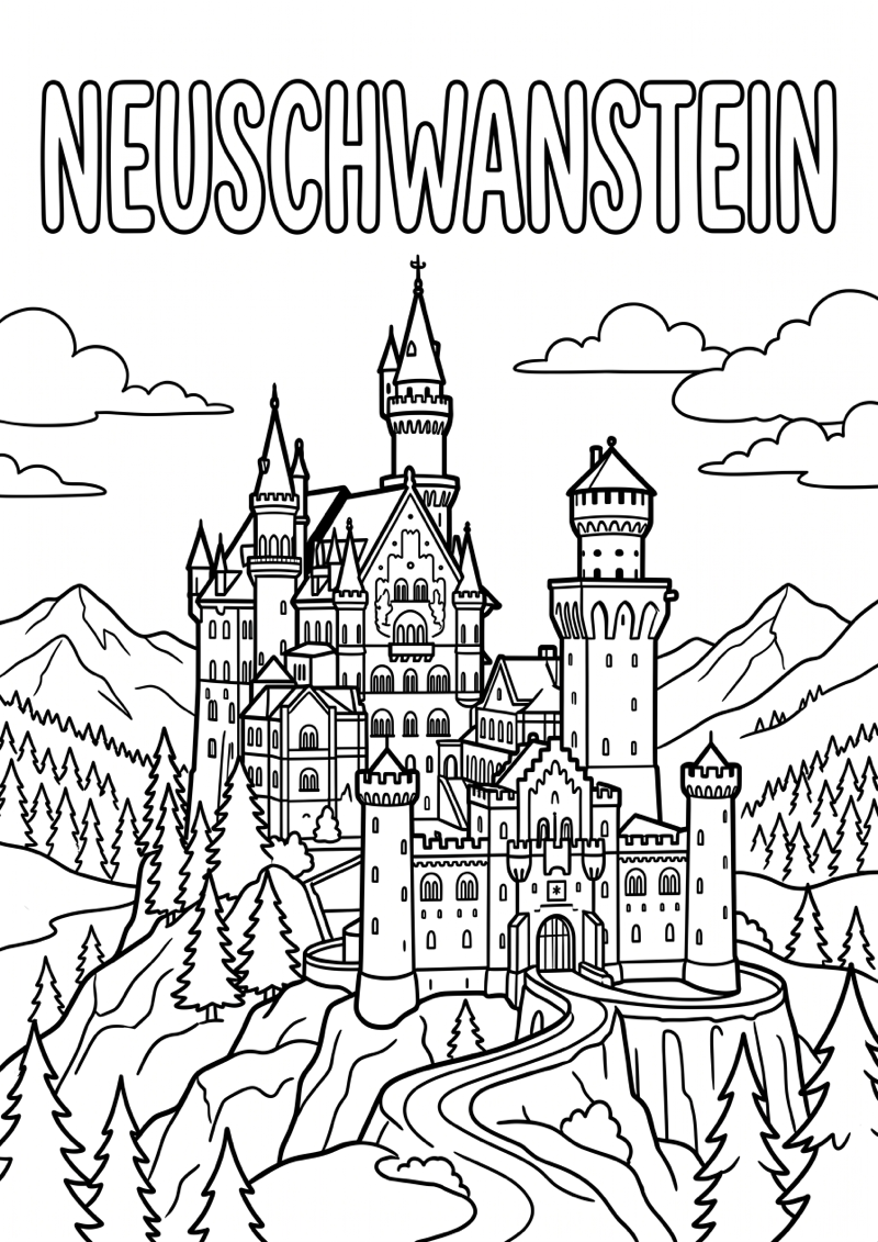 Kasteel Neuschwanstein Kleurplaat — gratis kleurplaat printen