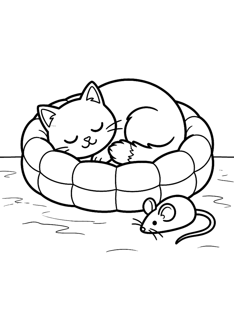 Kleurplaat van een kat die opgerold slaapt in een zachte ronde mand, met een muisje op de vloer ervoor