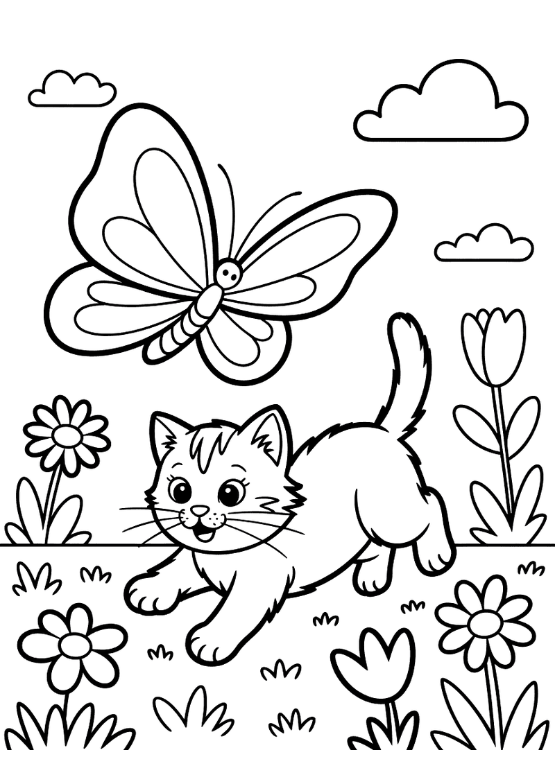 Kleurplaat van een kat die met grote sprongen een vlinder achtervolgt in een zonnige tuin
