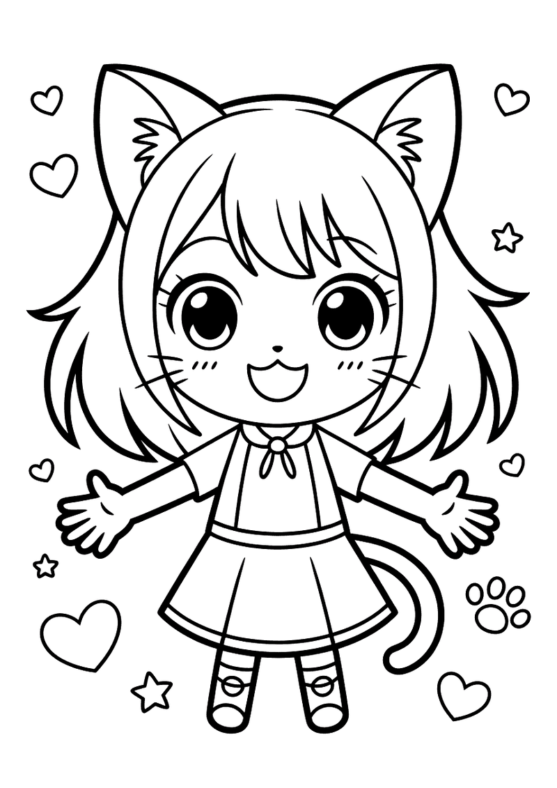 Kleurplaat van een anime-stijl meisje met kattennoren en een lange staart in een schattige pose