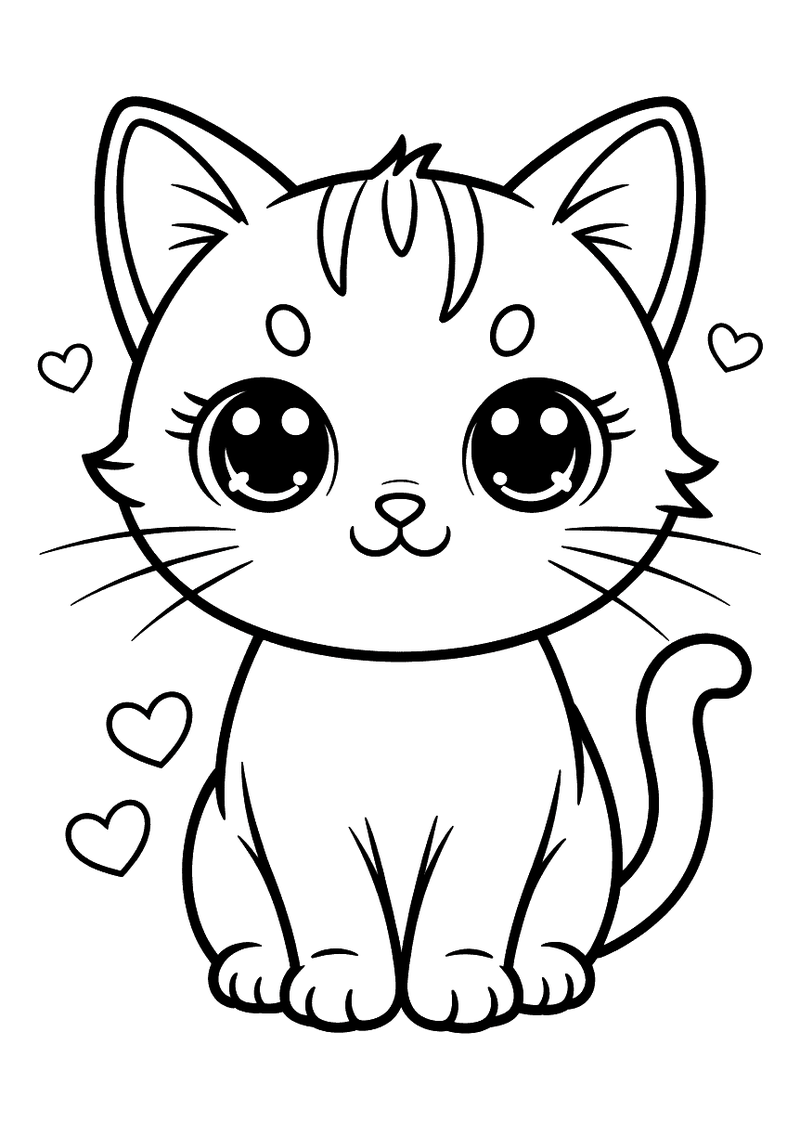 Kleurplaat van een kat met overdreven grote glanzende anime-ogen en een uitgesproken lieve uitdrukking