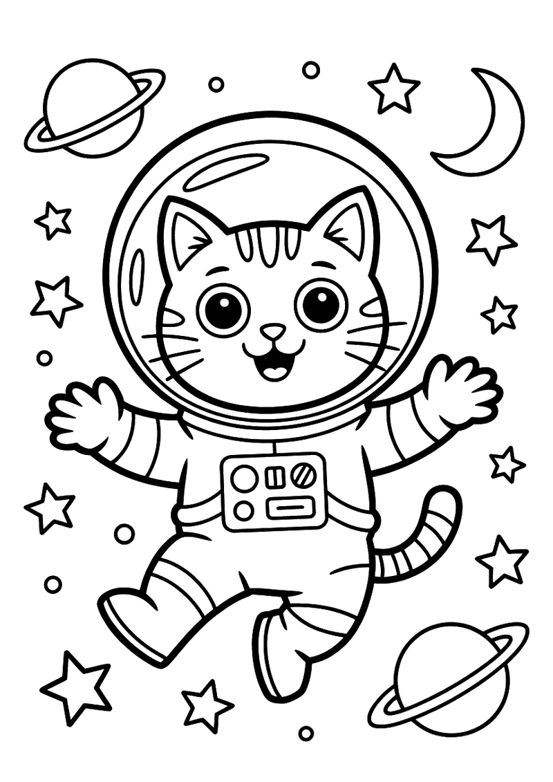 Kleurplaat van een kat in een ruimtepak die zweeft in de ruimte omringd door sterren en planeten