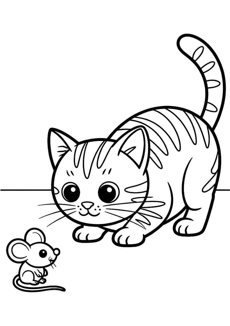 Kleurplaat van een kat die laag over de grond sluipt terwijl hij een kleine muis in het oog houdt