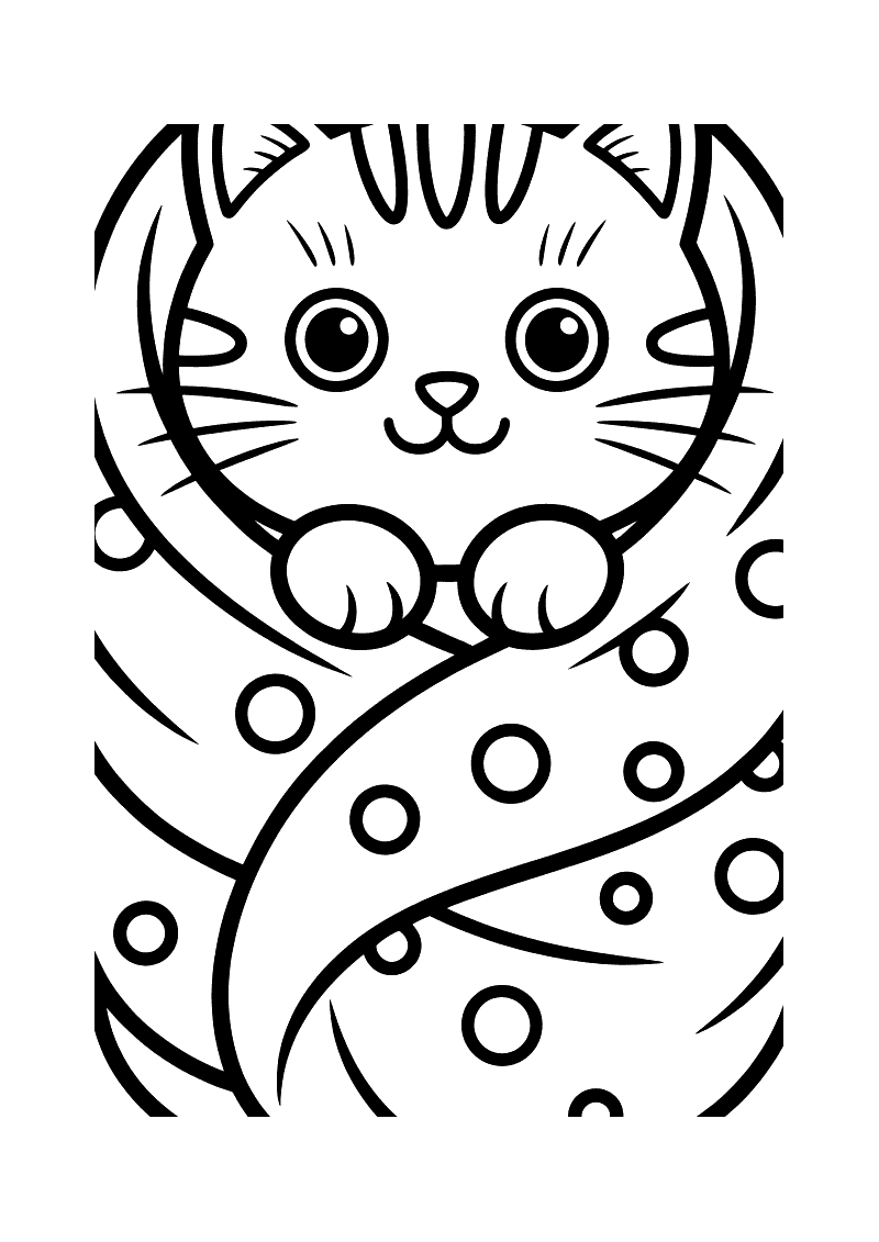 Kleurplaat van een kat die stevig ingepakt is in een deken als een burrito en alleen zijn hoofd uitsteekt