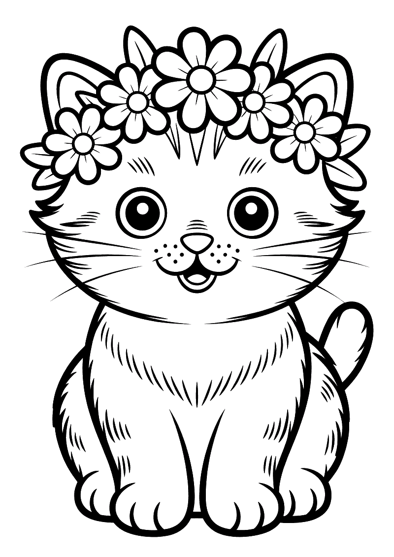 Kleurplaat van een schattige kat die een kleurrijke bloemenkrans op zijn hoofd draagt en lacht