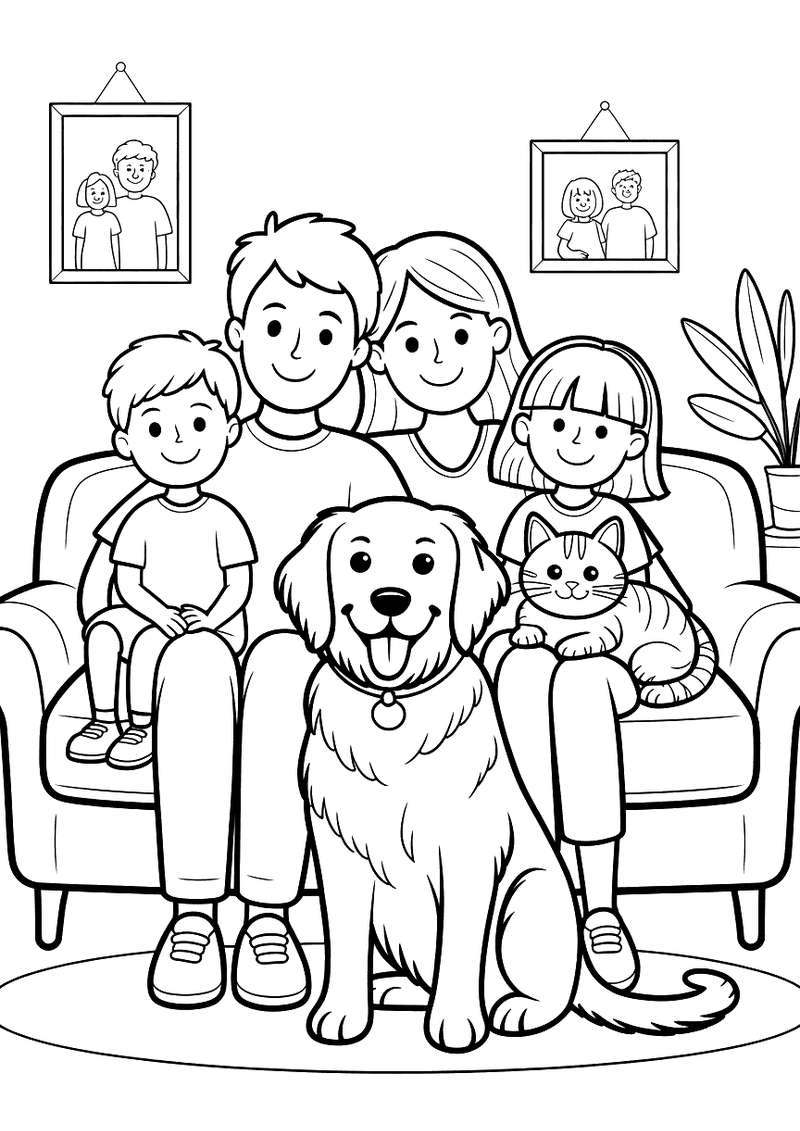 Kleurplaat van een kat en een hond die gezellig naast elkaar zitten als beste vrienden in een huiselijke setting