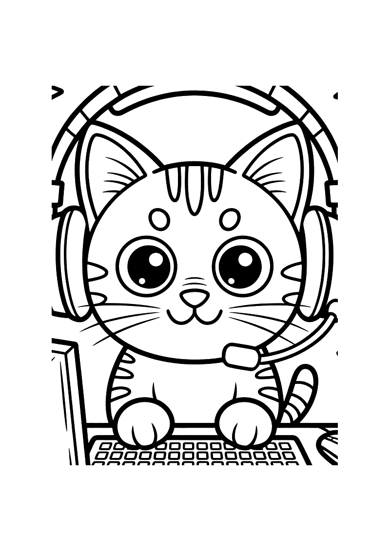 Kleurplaat van een kat die achter een computer zit met een gaming headset op en geconcentreerd het scherm bestudeert