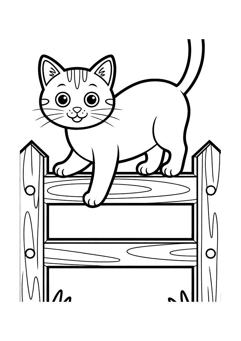 Kleurplaat van een kat die behendig op het smalle randje van een houten hek balanceert met zijn staart als evenwichtsbal
