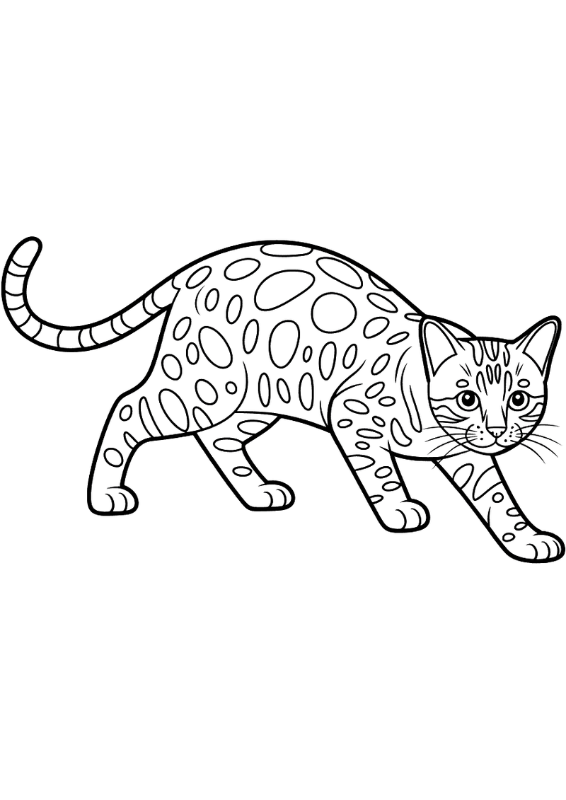 Kleurplaat van een gevlekte bengaalse kat die laag over de grond sluipt in een jachthouding