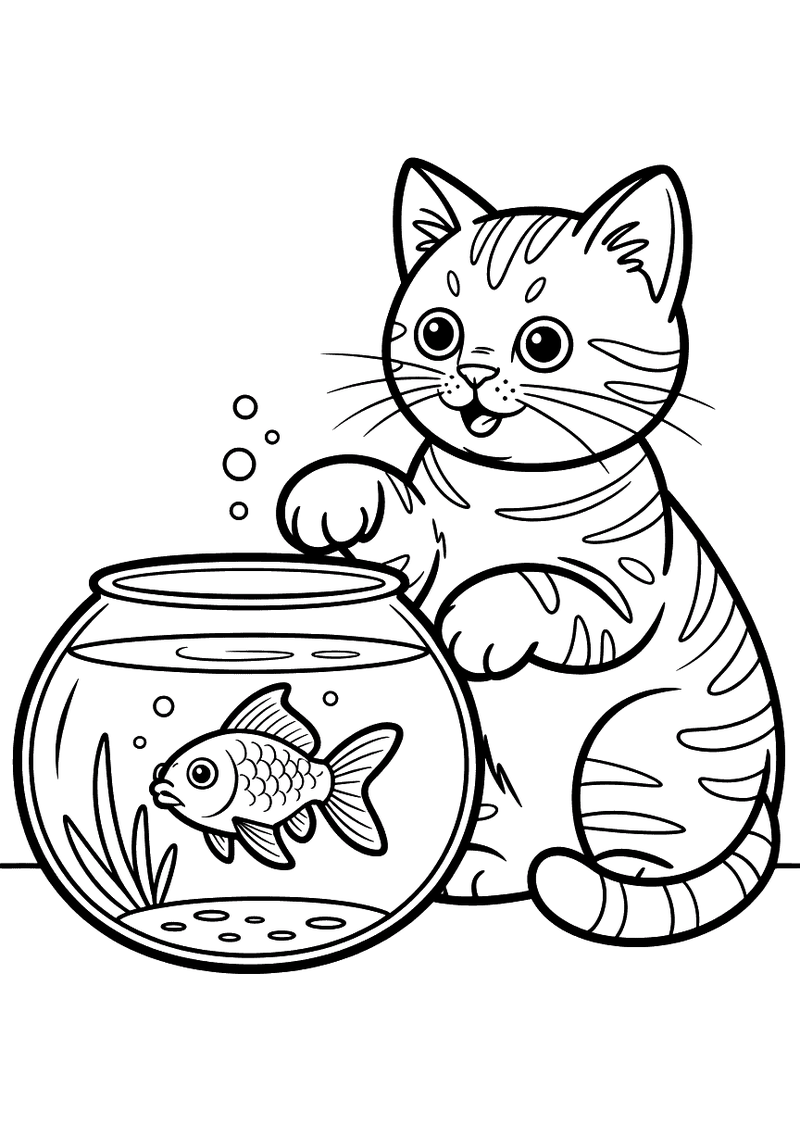 Kleurplaat van een kat die met zijn neus tegen het glas van een goudvissenkom staat en de vis volgt met zijn blik