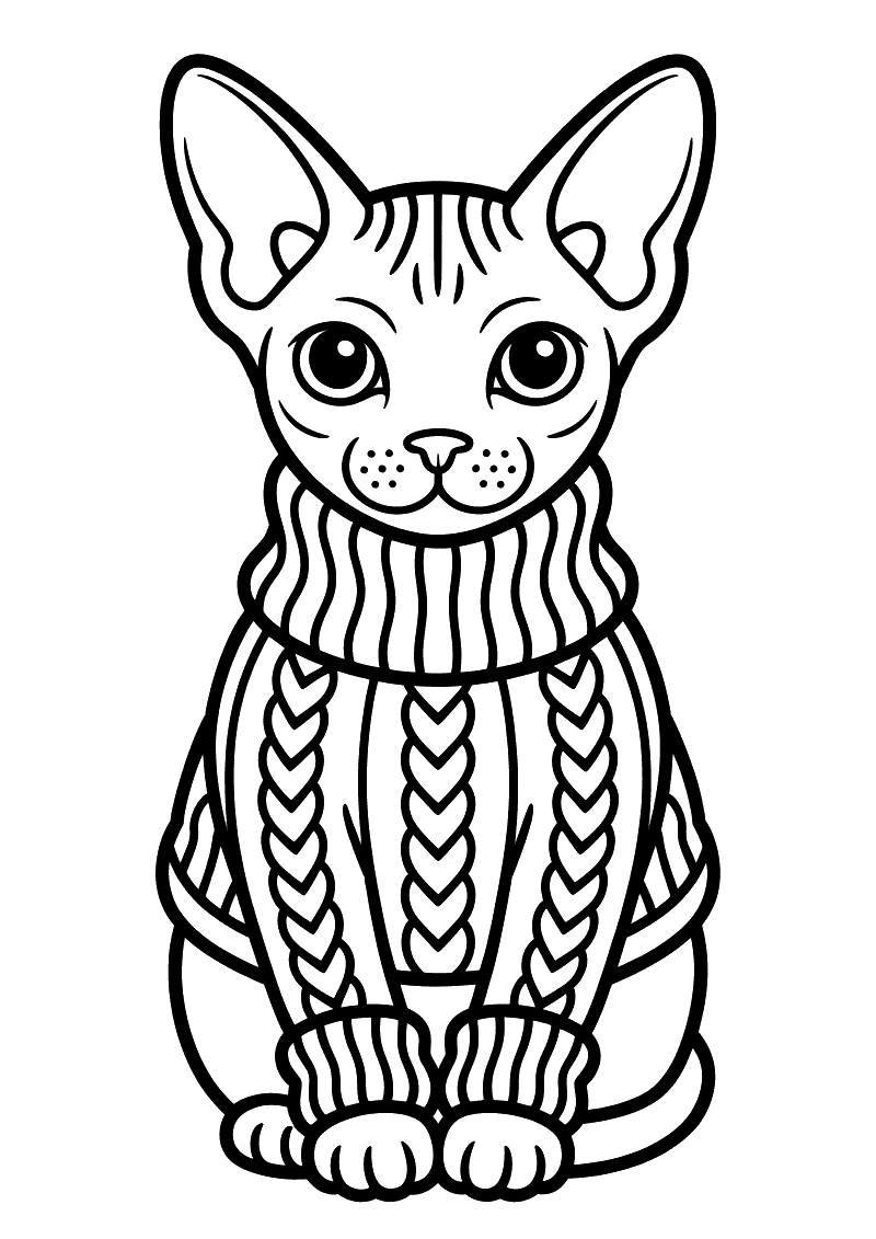 Kleurplaat van een haarloze sphynx kat die een gebreide trui draagt en tevreden kijkt