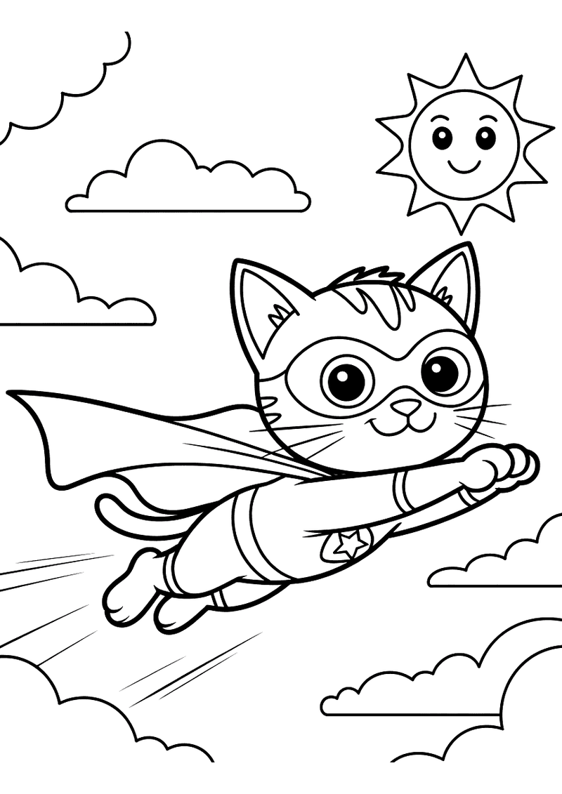 Kleurplaat van een kat in een superheldenoutfit met cape die door de lucht vliegt met uitgestrekte poten