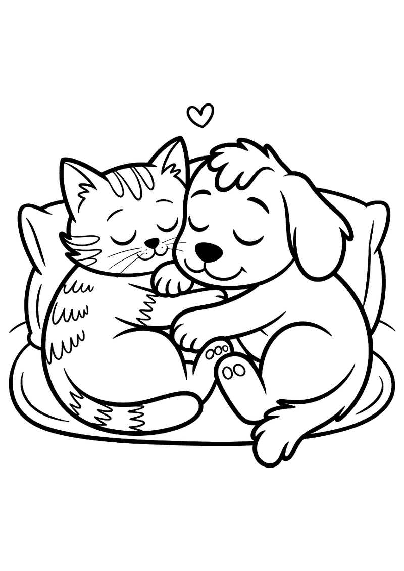 Kleurplaat van een kat en een hond die dicht tegen elkaar aan slapen in een groot zacht kussen