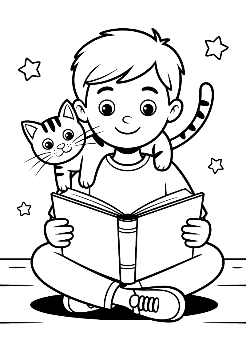 Kleurplaat van een jongen die op een bank zit met zijn kat naast hem terwijl ze samen een groot prentenboek lezen