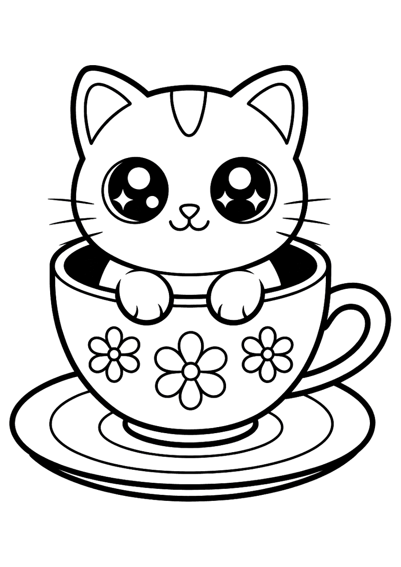 Kleurplaat van een schattige kawaii kat die comfortabel in een groot theekopje zit met hartjes eromheen