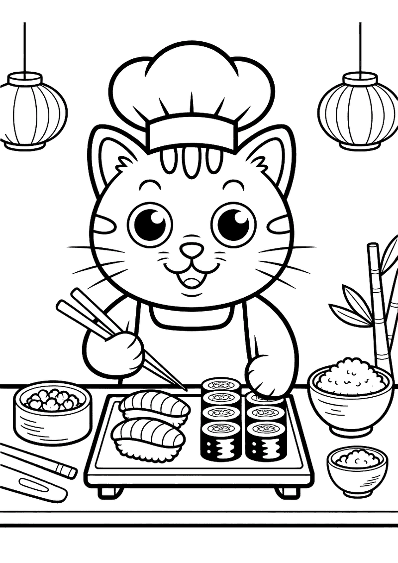 Kleurplaat van een kat gekleed als sushikok die achter zijn werkblad sushi rolt met een koksmes