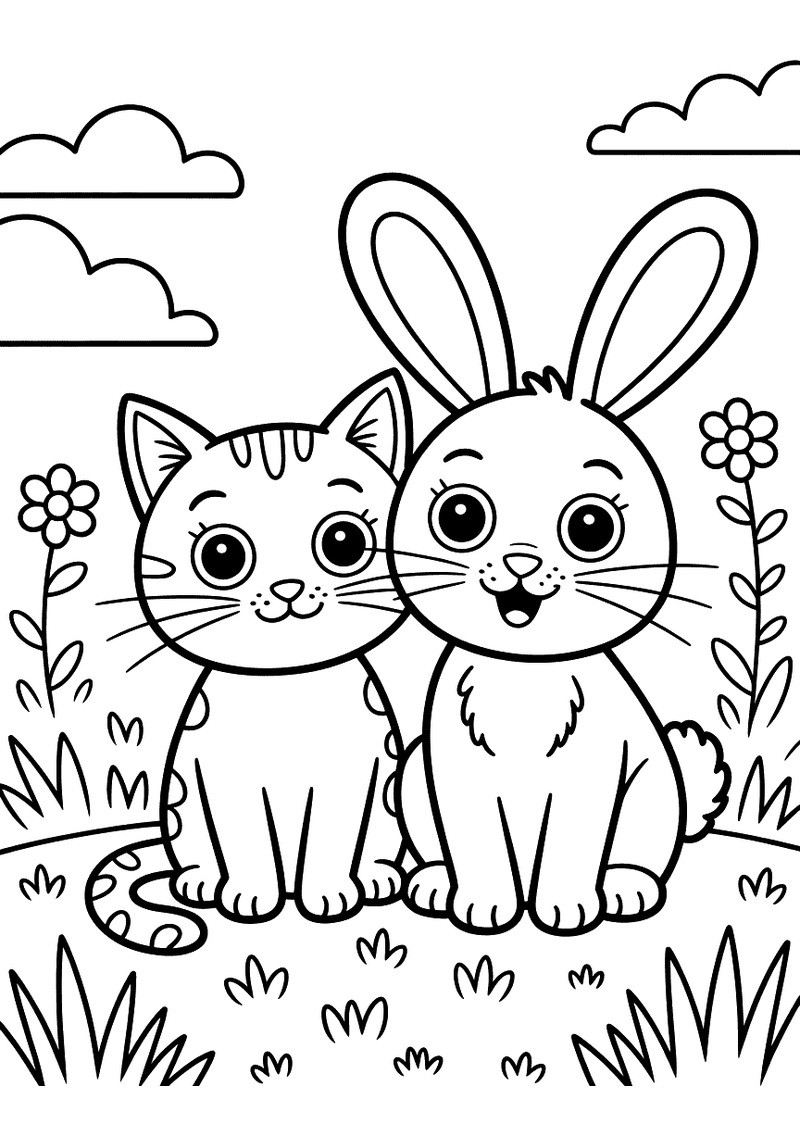 Kleurplaat van een kat en een konijn die vriendschappelijk naast elkaar in het groene gras zitten