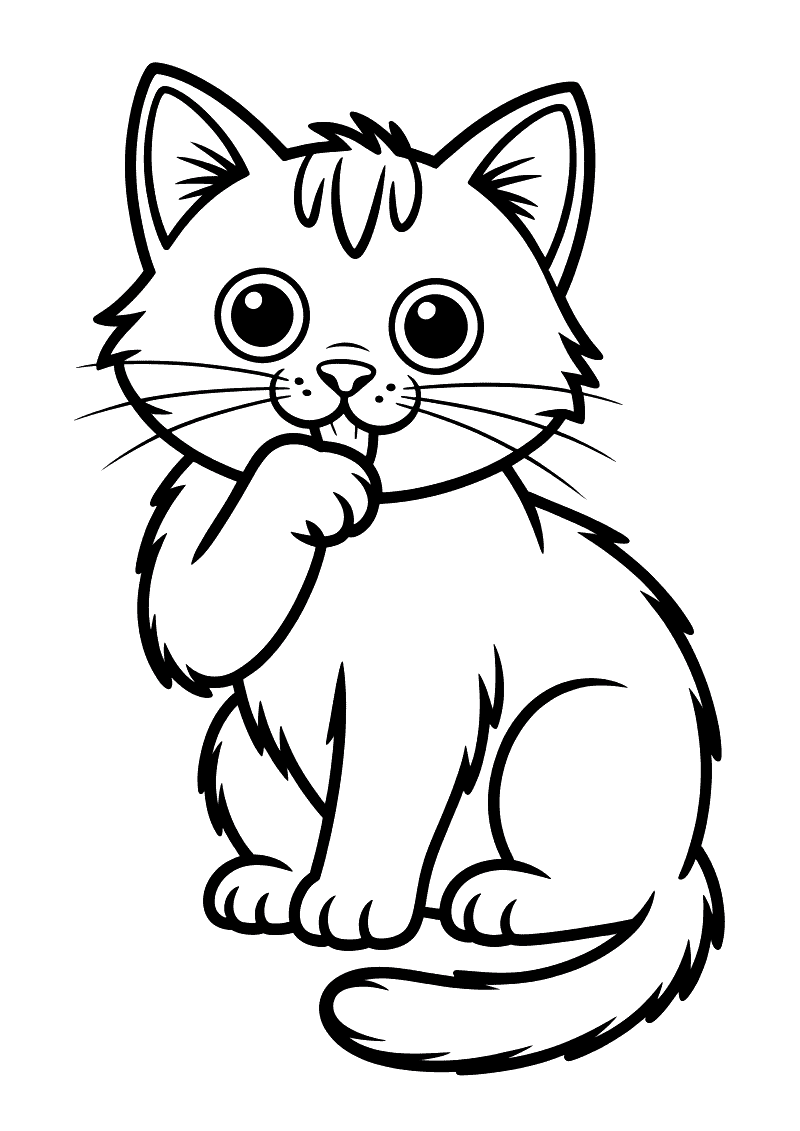 Kleurplaat van een kat die zijn voorpoot opheft en er zorgvuldig aan likt als onderdeel van zijn dagelijkse poetsen