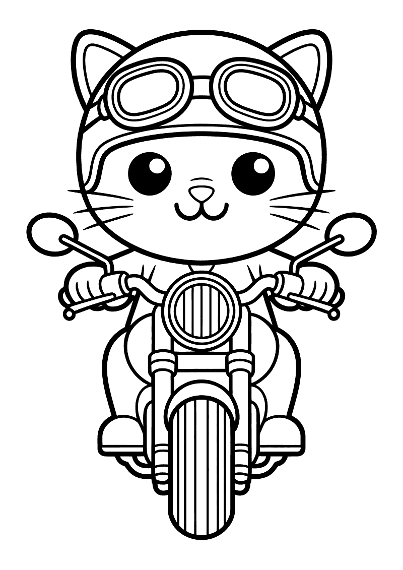 Schattige kat rijdt motor met bril kleurplaat — gratis kleurplaat printen