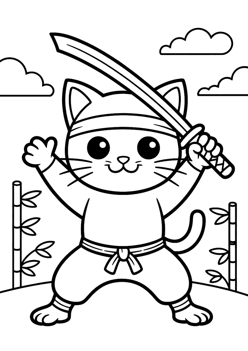 Zwart-wit kleurplaat van een cartoon kat als ninja met hoofdband en zwaard tussen bamboe.