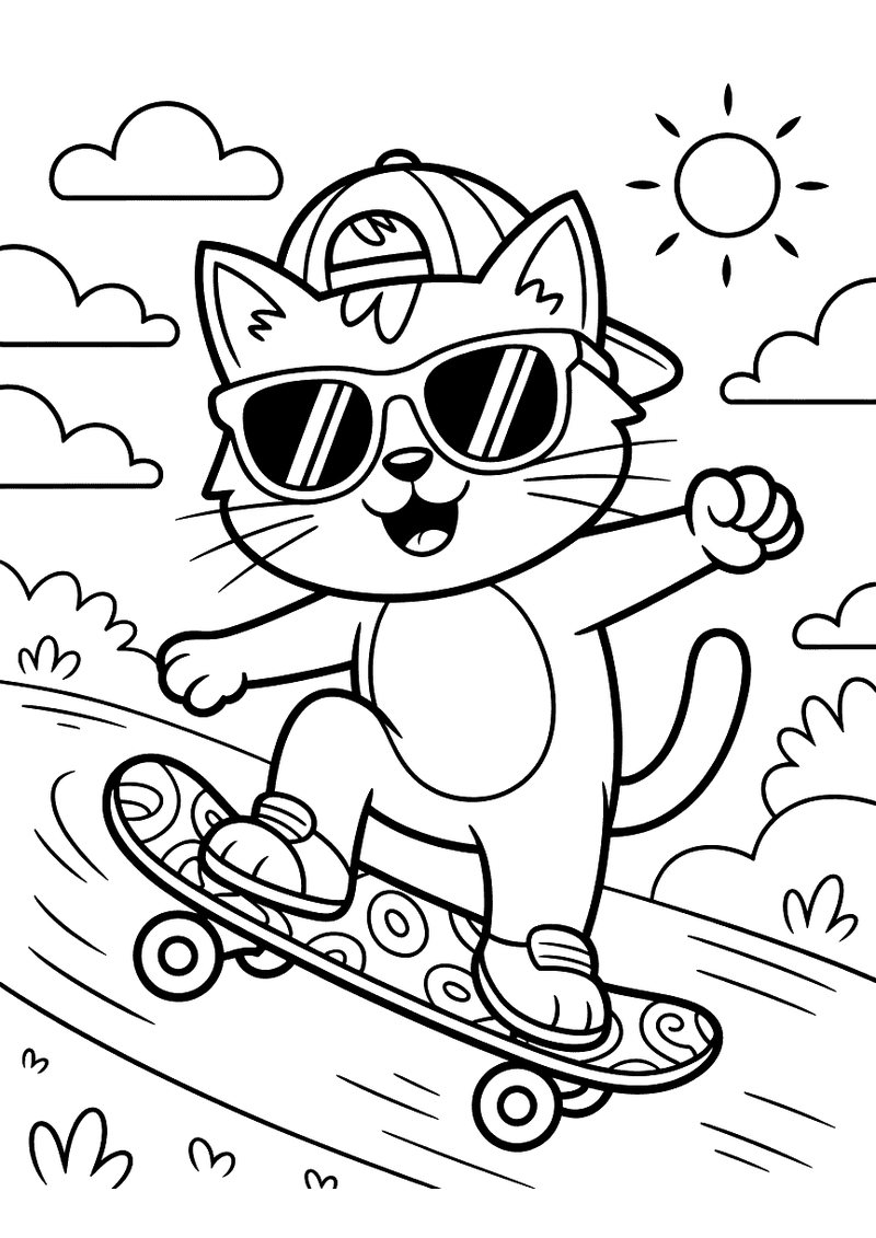 Zwart-wit kleurplaat van een cartoon kat met zonnebril en pet die op een skateboard rijdt onder een zonnetje.