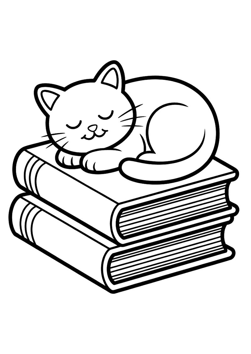 Zwart-wit kleurplaat van een opgekrulde kat die met gesloten oogjes ligt te slapen op een stapel van twee dikke boeken.
