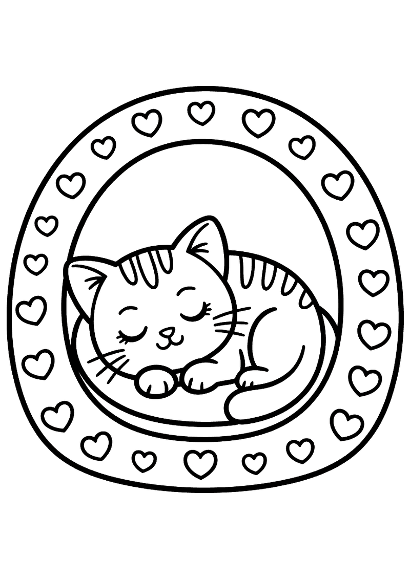 Kawaii kleurplaat van een opgerolde slapende gestreepte kat in een ronde mand omgeven door een rand vol kleine hartjes