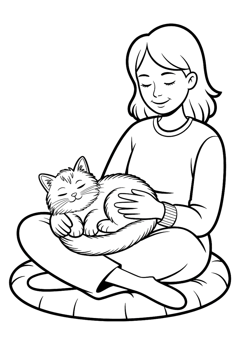 Kleurplaat van een meisje in kleermakerszit op een kussen dat een slapende pluizige kat op schoot houdt.
