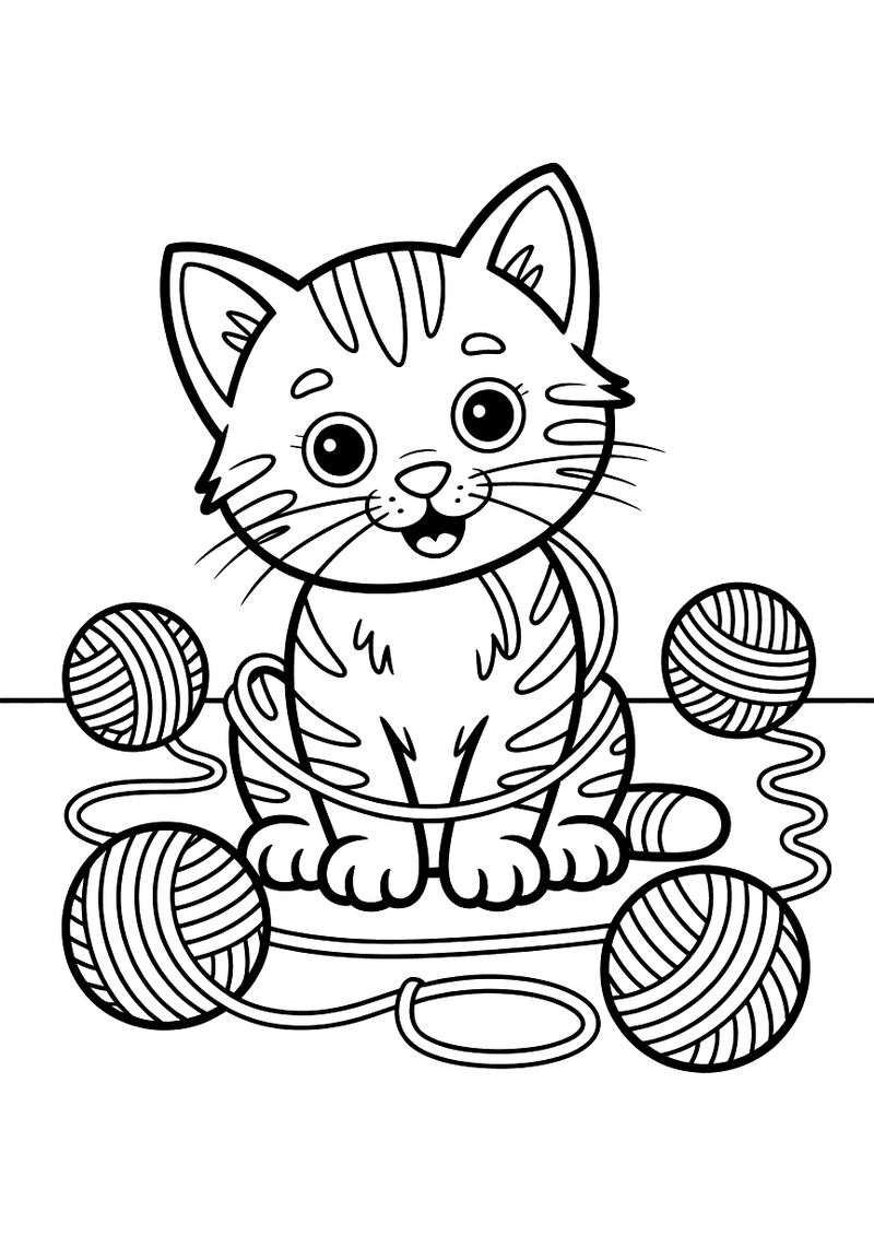 Zwart-wit kleurplaat van een gestreept kitten dat zit tussen drie bolletjes wol met een lange draad eromheen.