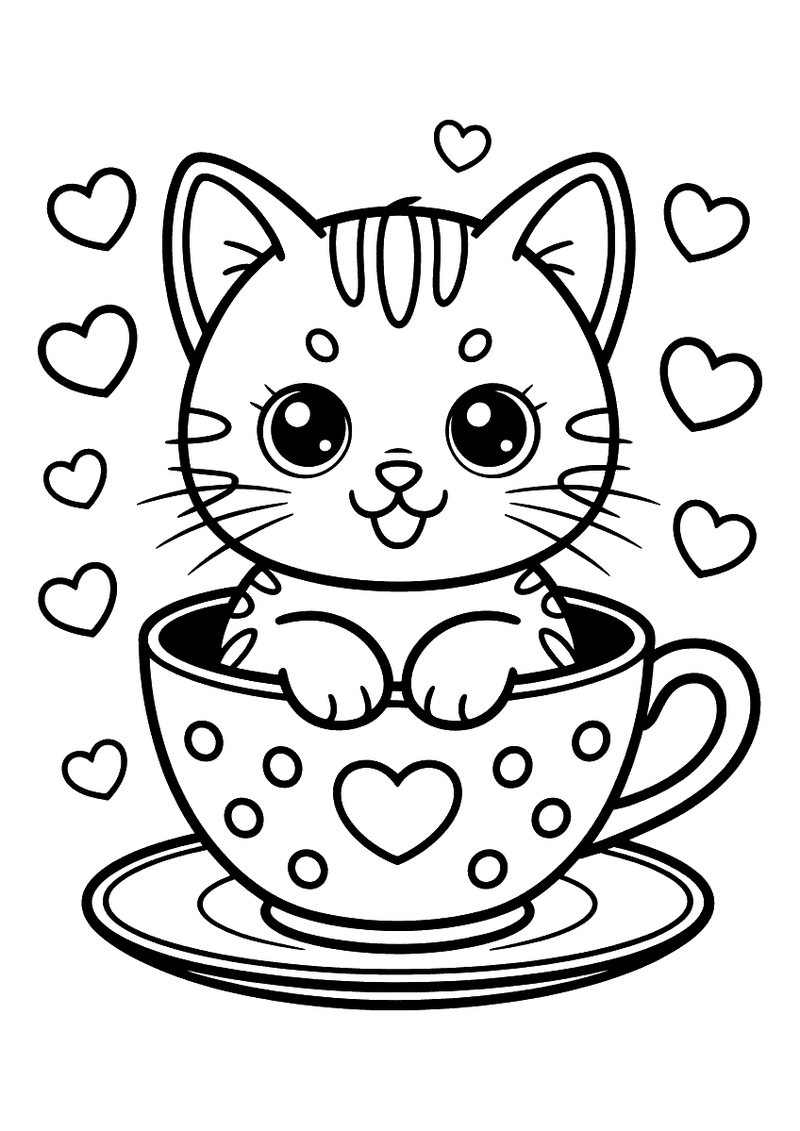Kawaii kleurplaat van een gestreept katje dat in een groot theekopje met stippen zit, omgeven door vliegende hartjes