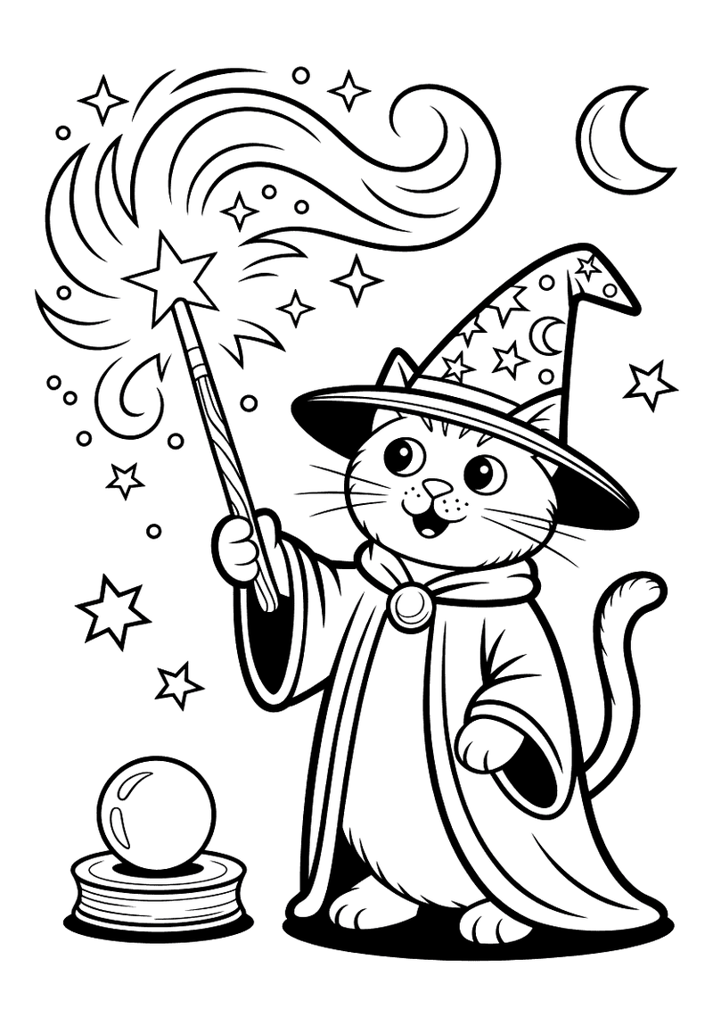 Kleurplaat van een kat in tovenaarsgewaad en puntmuts met toverstaf naast een kristallen bol.
