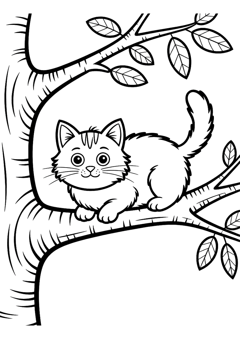 Zwart-wit kleurplaat van een kitten dat plat op een boomtak ligt tussen de blaadjes met de staart omhoog.