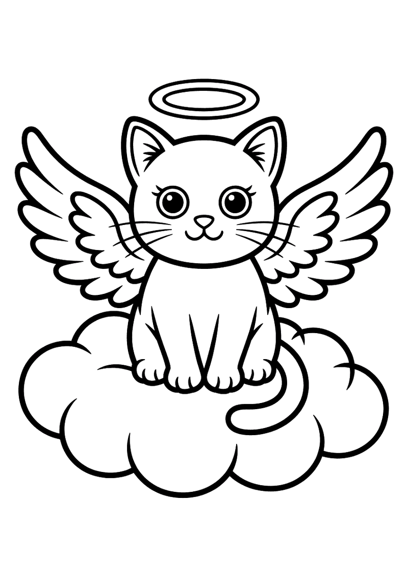 Zwart-wit kleurplaat van een schattige kat met engelenvleugels en een halo die op een dikke wolk zit.