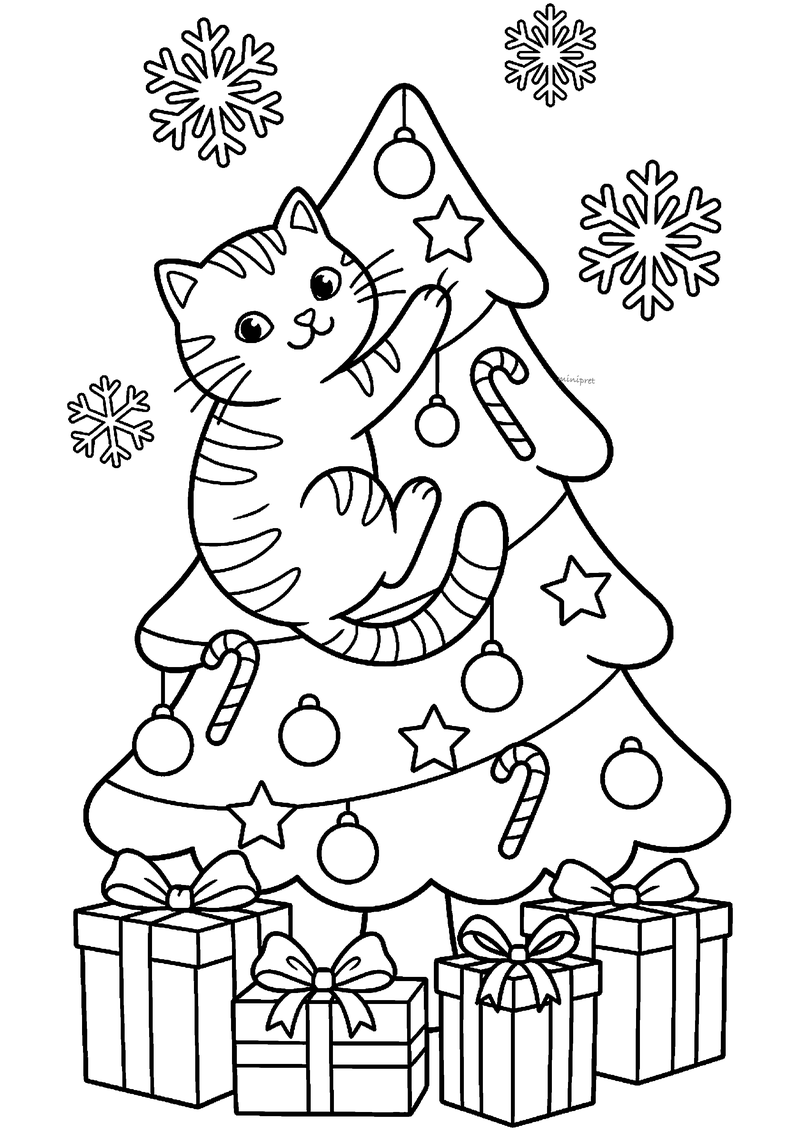 Kleurplaat van gestreepte kat die in versierde kerstboom hangt met vier cadeaus met strikken eronder