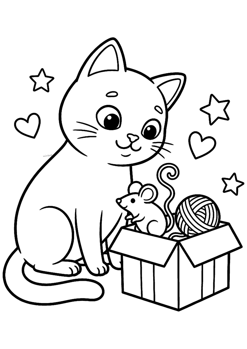 Kleurplaat van een kat die in een open doos kijkt met een speelgoedmuis en een bol wol, met hartjes en sterren