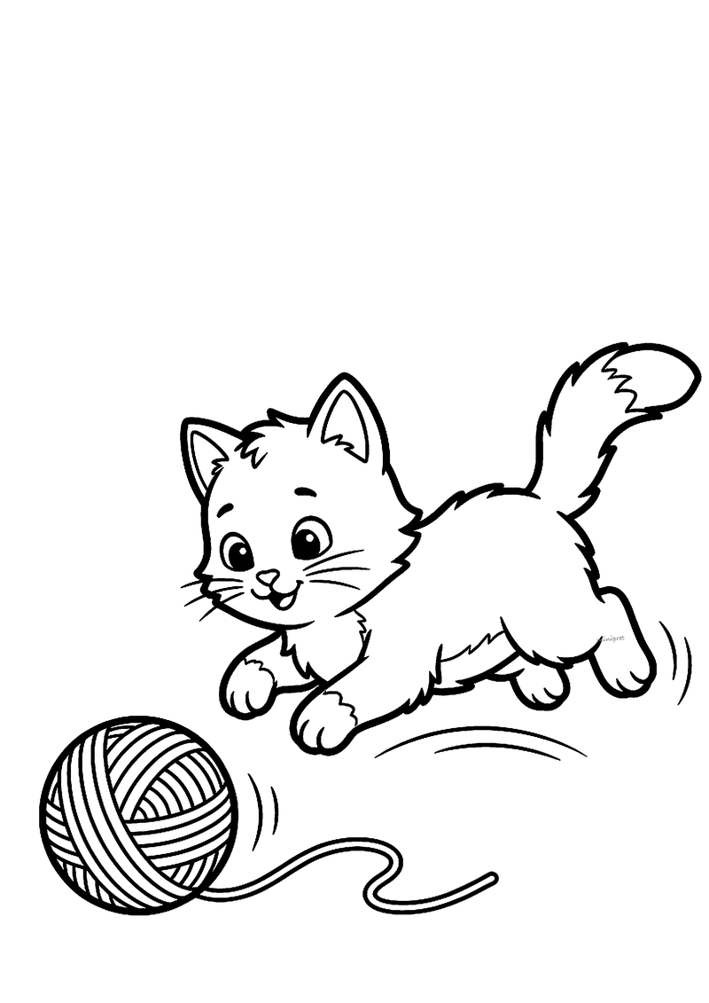 Kleurplaat van een pluizig kitten dat achter een rollende bol wol met losse draad aan rent