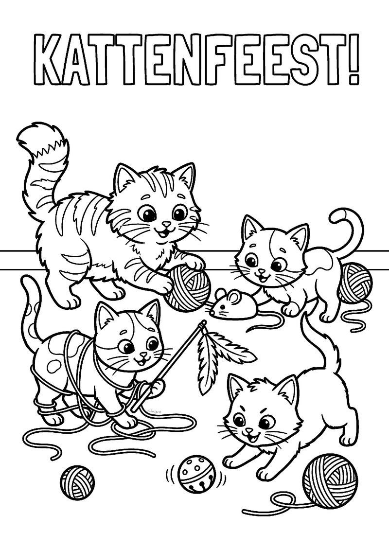 Kleurplaat met de tekst Kattenfeest en vier spelende kittens met bollen wol, een speelgoedmuis en een veerstokje